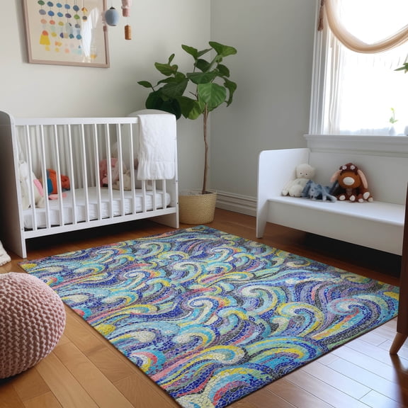 Addison Rugs Mayfield Washable Coastal Mosaic Waves Ocean Rectangle Rug, 10' x 14'