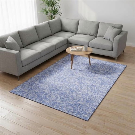 HomeRoots 646101 8 x 10 ft. Blue & Ivory Geometric Coastal Washable Machine Made Rectangle Area Rug with UV Protection