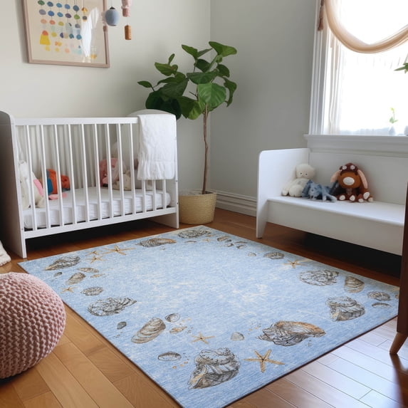Addison Rugs Mayfield Washable Coastal Shell Border Blue Rectangle Rug, 2'6" x 3'10"