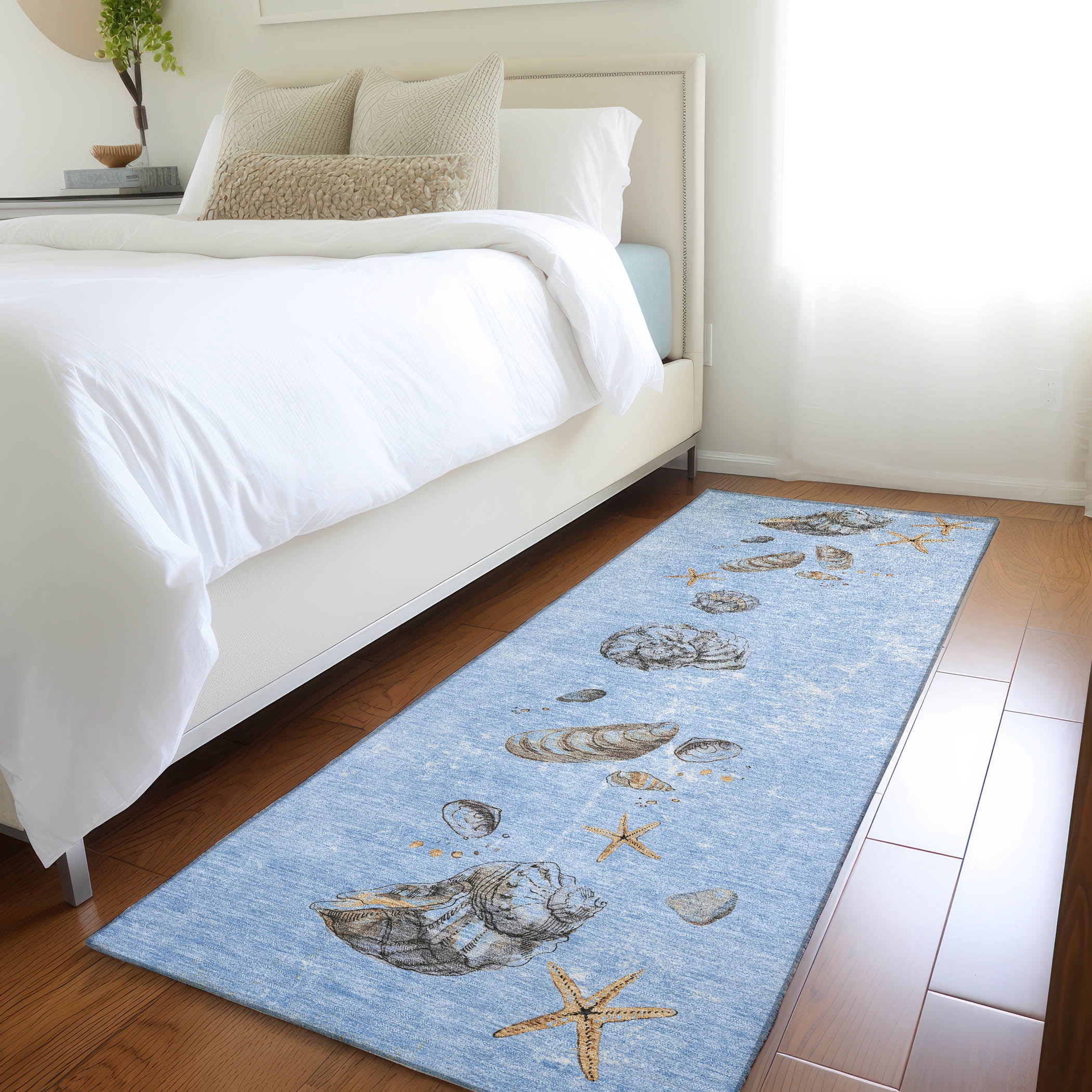 Blue White Shell Rug Addison Rugs Mayfield Washable Coastal Shell Border Blue Runner Rug, 2 ...