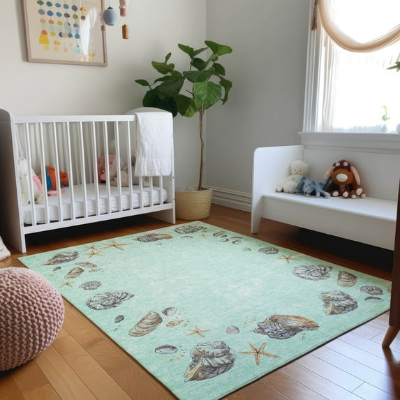 Addison Rugs Mayfield Washable Coastal Shell Border Green Rectangle Rug, 3' x 5'