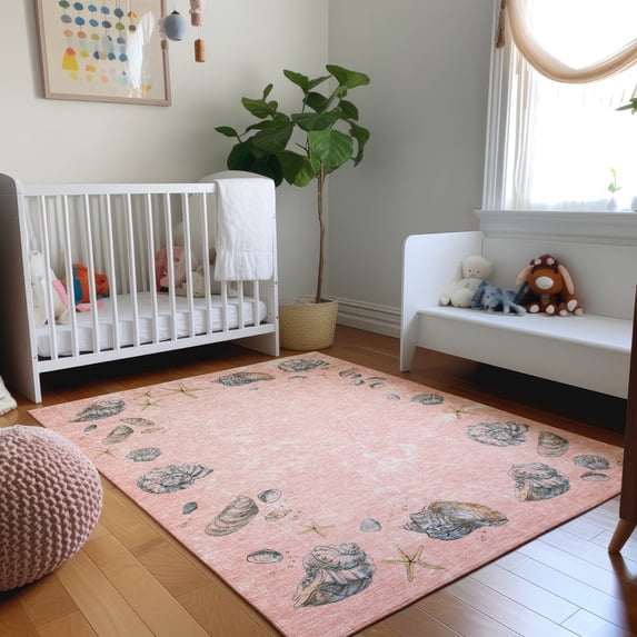 Addison Rugs Mayfield Washable Coastal Shell Border Peach Rectangle Rug, 3' x 5'