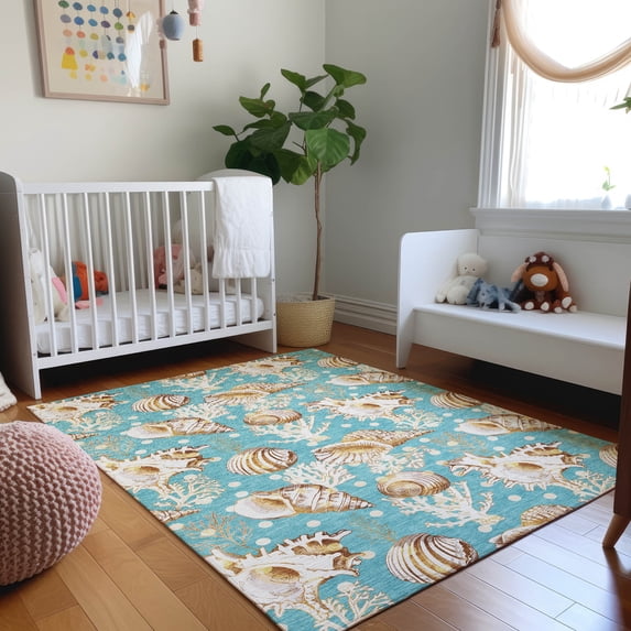 Addison Rugs Mayfield Washable Coastal Shells Aqua Rectangle Rug, 9' x 12'