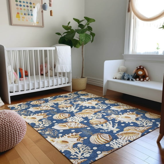 Addison Rugs Mayfield Washable Coastal Shells Blue Rectangle Rug, 3' x 5'