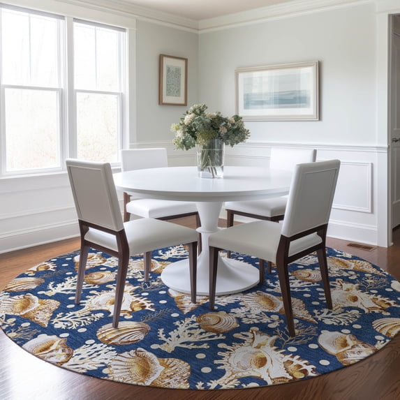 Addison Rugs Mayfield Washable Coastal Shells Blue Round Rug, 8' x 8'