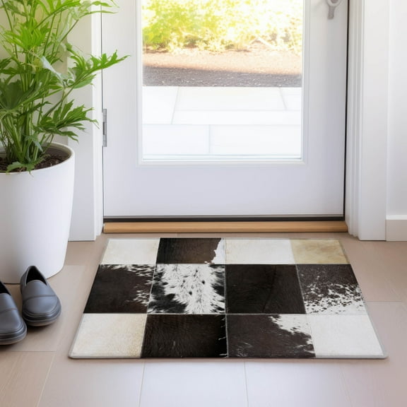 Addison Rugs Mayfield Washable Cowhide Boxes Black Rectangle Rug, 1'8" x 2'6"