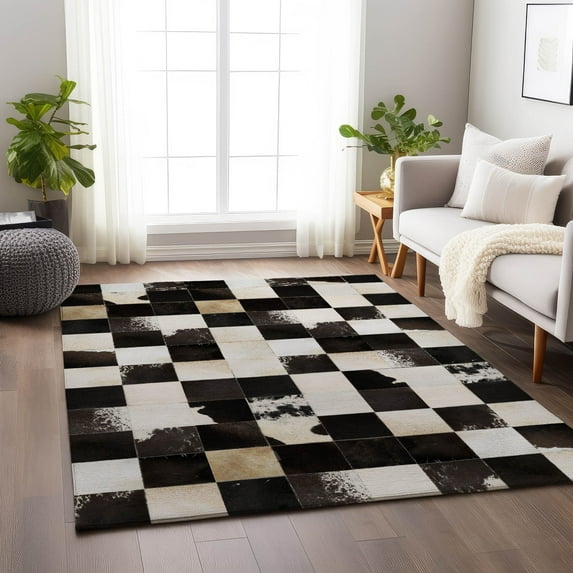 Addison Rugs Mayfield Washable Cowhide Boxes Black Rectangle Rug, 9' x 12'