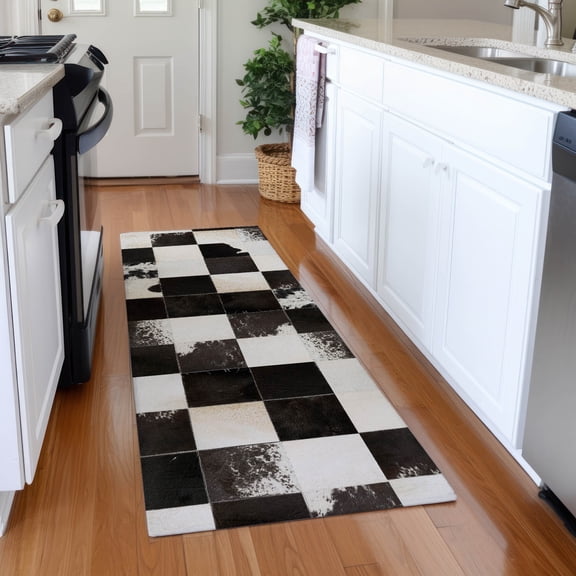 Addison Rugs Mayfield Washable Cowhide Boxes Black Runner Rug, 2'3" x 7'6"