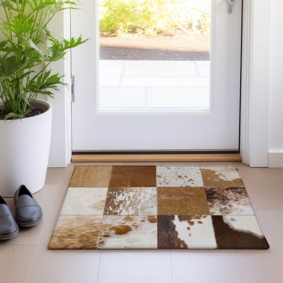 Addison Rugs Mayfield Washable Cowhide Boxes Brown Rectangle Rug, 1'8" x 2'6"