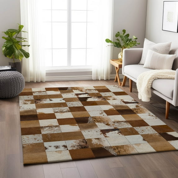 Addison Rugs Mayfield Washable Cowhide Boxes Brown Rectangle Rug, 3' x 5'