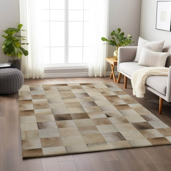Addison Rugs Mayfield Washable Cowhide Boxes Taupe Rectangle Rug, 5' x 7'6"