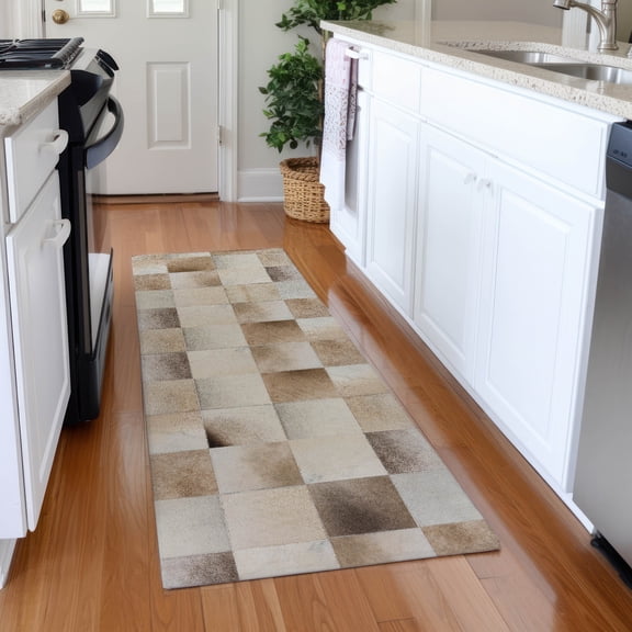 Addison Rugs Mayfield Washable Cowhide Boxes Taupe Runner Rug, 2'3" x 7'6"