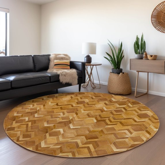 Addison Rugs Mayfield Washable Cowhide Herringbone Brown Round Rug, 8' x 8'