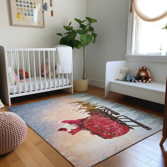 Addison Rugs Mayfield Washable Holiday Santa Sleigh Blue Rectangle Rug, 10' x 14'