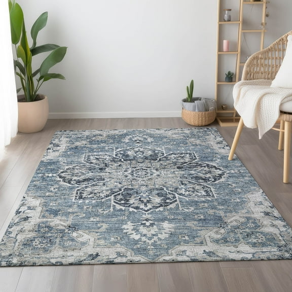 Addison Rugs Mayfield Washable Traditional Ornate Blue Rectangle Rug, 3' x 5'