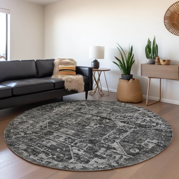 Addison Rugs Mayfield Washable Traditional Tribal Medallion Black Round Rug, 8' x 8'