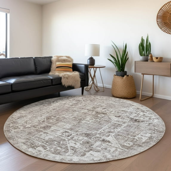 Addison Rugs Mayfield Washable Traditional Tribal Medallion Mocha Round Rug, 8' x 8'