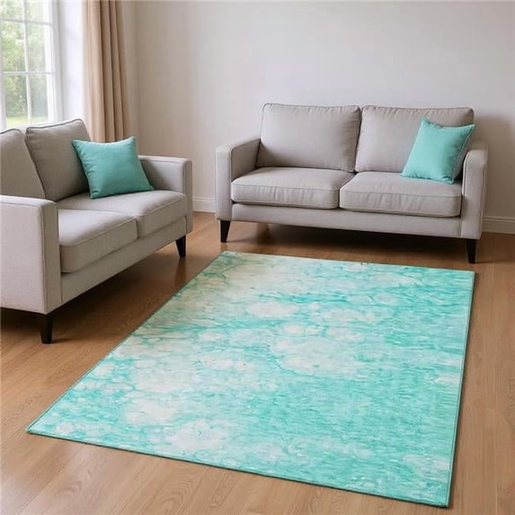 HomeRoots 656745 8 x 10 ft. Aqua & Ivory Abstract Transitional Washable Machine Made Rectangle Area Rug with UV Protection