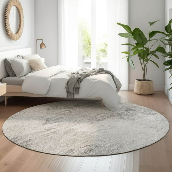 Addison Rugs Mayfield Washable Transitional Abstract Silver Round Rug, 8' x 8'