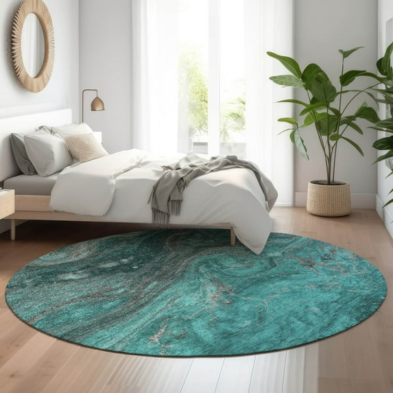 Addison Rugs Mayfield Washable Transitional Abstract Teal Round Rug, 8' x 8'