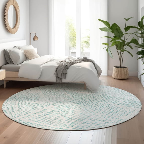 Addison Rugs Mayfield Washable Transitional Diamond Aqua Round Rug, 8' x 8'
