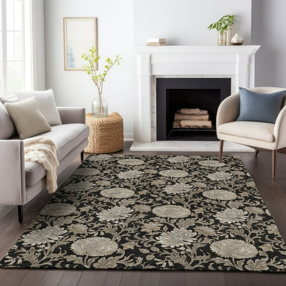 Addison Rugs Mayfield Washable Transitional Floral Black Rectangle Rug, 10' x 14'