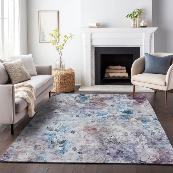 Addison Rugs Mayfield Washable Transitional Floral Blue Rectangle Rug, 10' x 14'