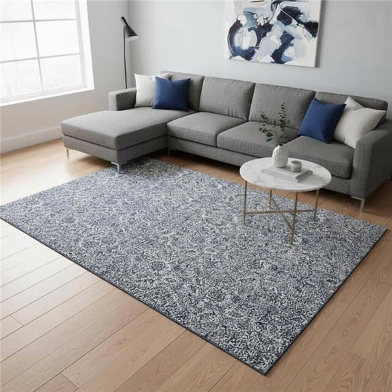 HomeRoots 655035 9 x 12 ft. Blue & Gray Floral Transitional Washable Machine Made Rectangle Area Rug with UV Protection