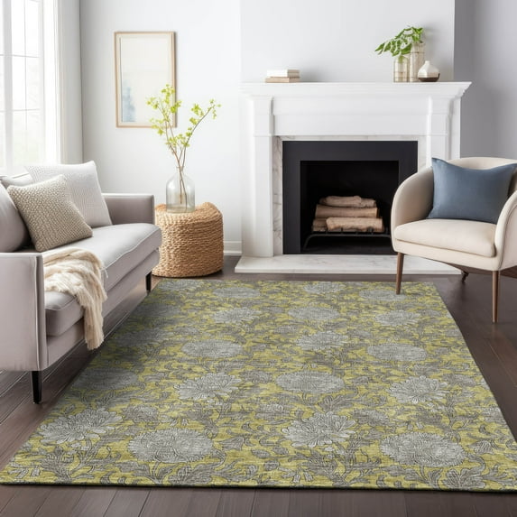 Addison Rugs Mayfield Washable Transitional Floral Gold Rectangle Rug, 3' x 5'