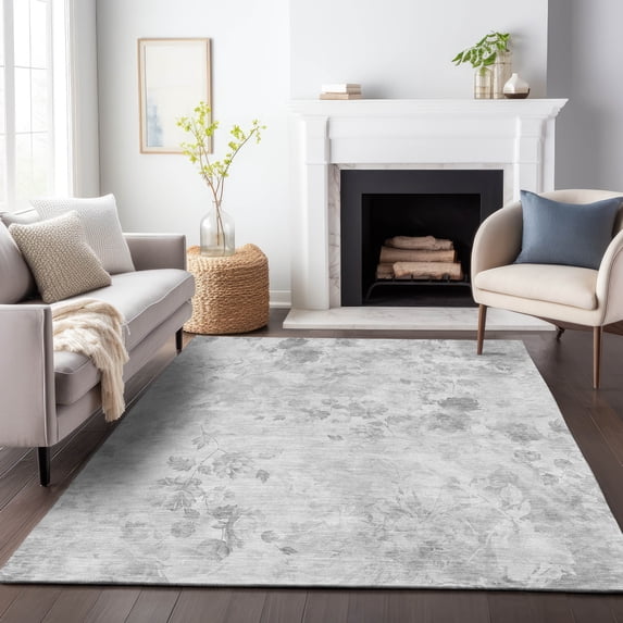 Addison Rugs Mayfield Washable Transitional Floral Gray Rectangle Rug, 10' x 14'