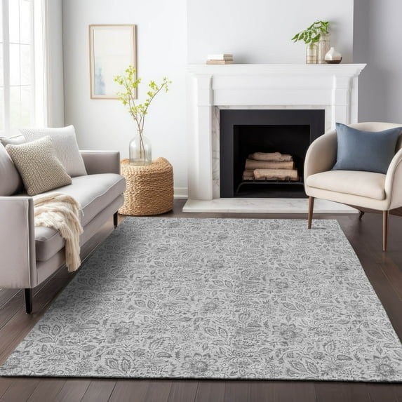 Addison Rugs Mayfield Washable Transitional Floral Silver Rectangle Rug, 9' x 12'