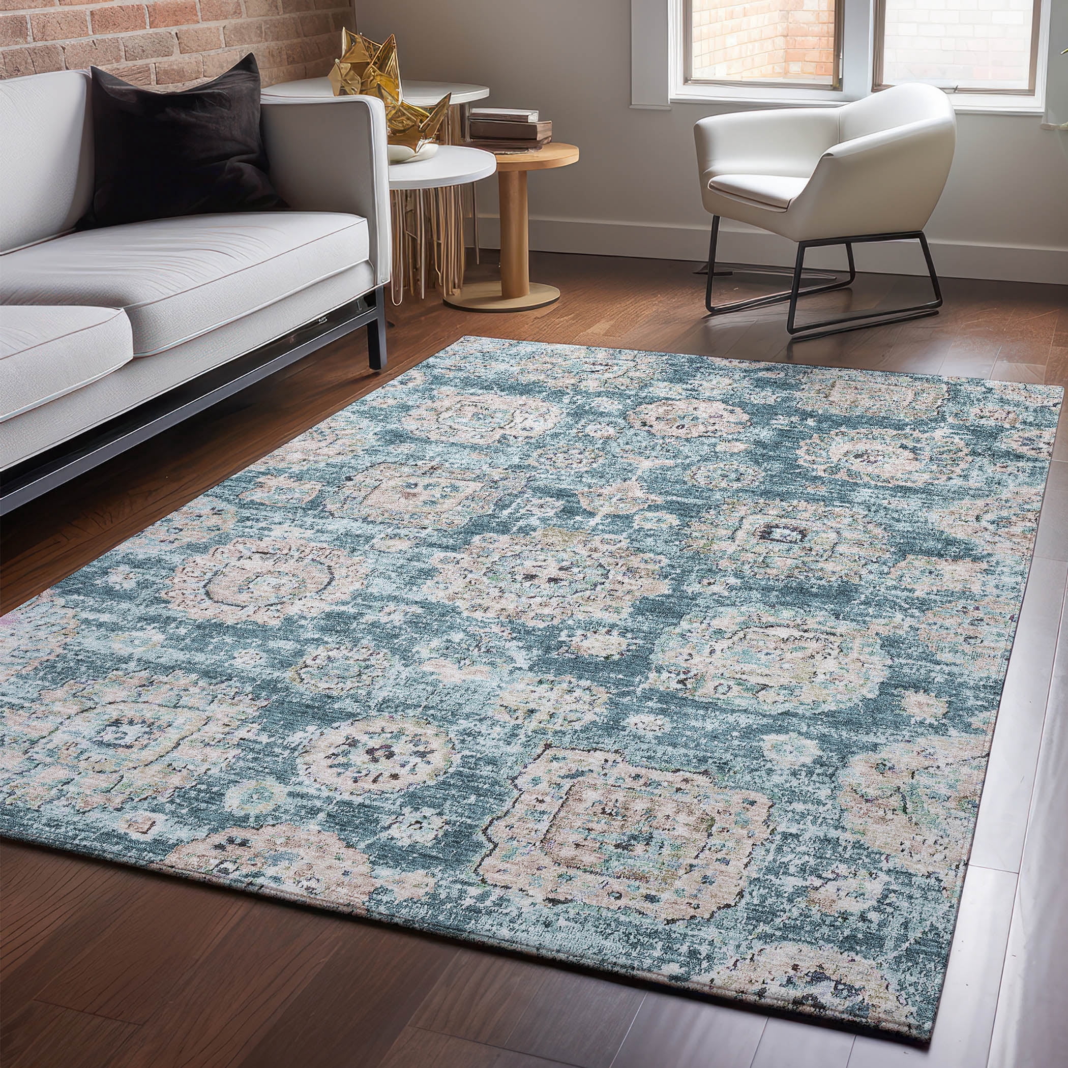 Addison Rugs Mayfield Washable Transitional Floral Teal Rectangle Rug ...