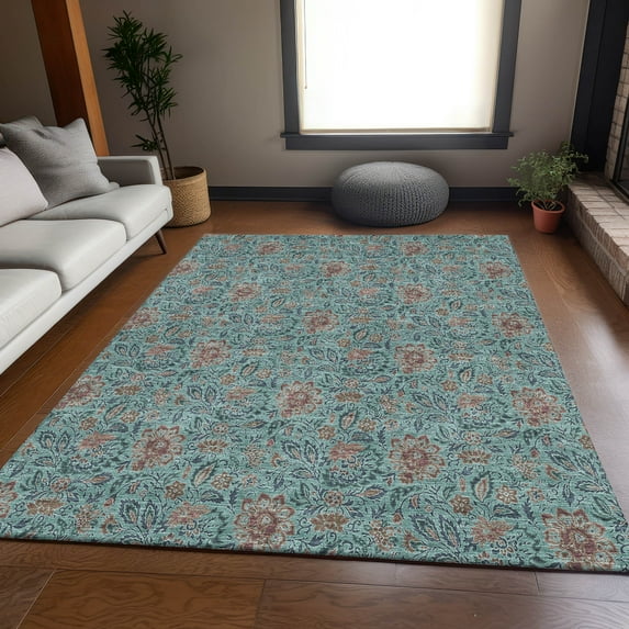 Addison Rugs Mayfield Washable Transitional Floral Teal Rectangle Rug, 10' x 14'