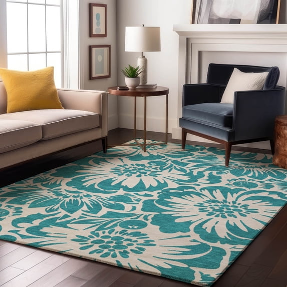 Addison Rugs Mayfield Washable Transitional Floral Teal Rectangle Rug, 3' x 5'