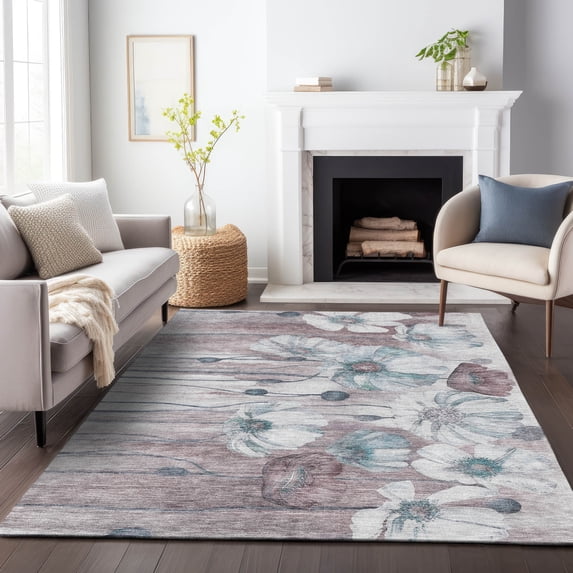 Addison Rugs Mayfield Washable Transitional Floral Teal Rectangle Rug, 3' x 5'