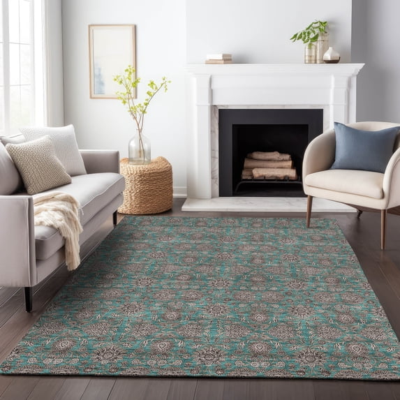 Addison Rugs Mayfield Washable Transitional Floral Teal Rectangle Rug, 8' x 10'