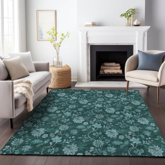 Addison Rugs Mayfield Washable Transitional Floral Teal Rectangle Rug, 8' x 10'
