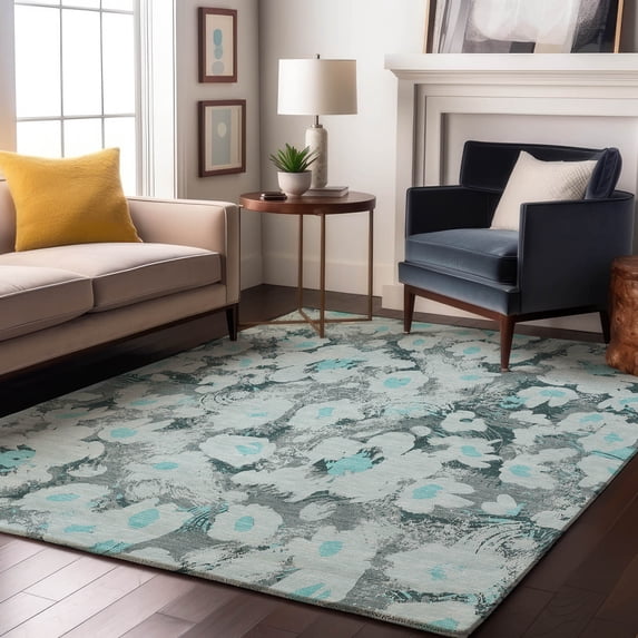 Addison Rugs Mayfield Washable Transitional Floral Teal Rectangle Rug, 9' x 12'