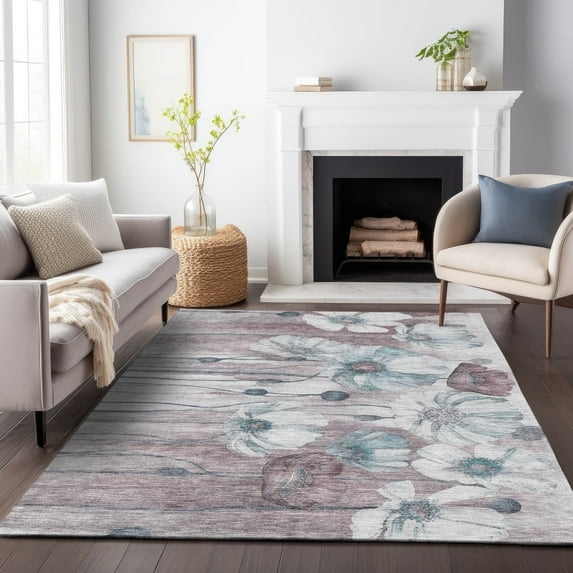 Addison Rugs Mayfield Washable Transitional Floral Teal Rectangle Rug, 9' x 12'