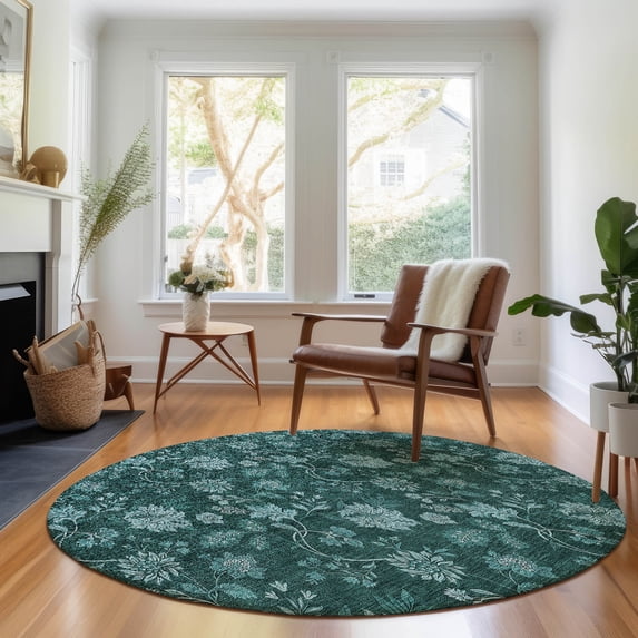Addison Rugs Mayfield Washable Transitional Floral Teal Round Rug, 8' x 8'