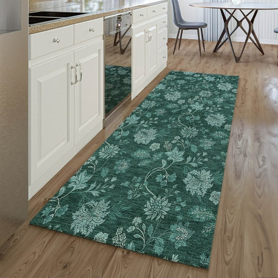 Addison Rugs Mayfield Washable Transitional Floral Teal Runner Rug, 2'3" x 7'6"
