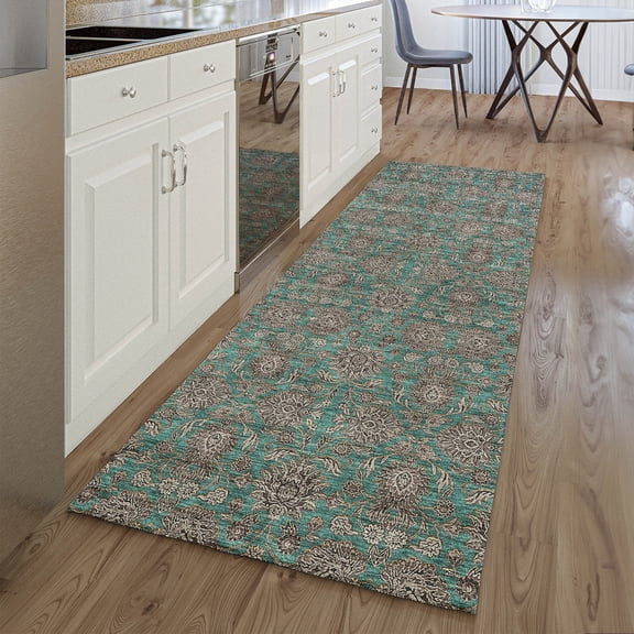 Addison Rugs Mayfield Washable Transitional Floral Teal Runner Rug, 2'3" x 7'6"