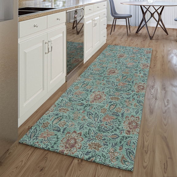 Addison Rugs Mayfield Washable Transitional Floral Teal Runner Rug, 2'3" x 7'6"
