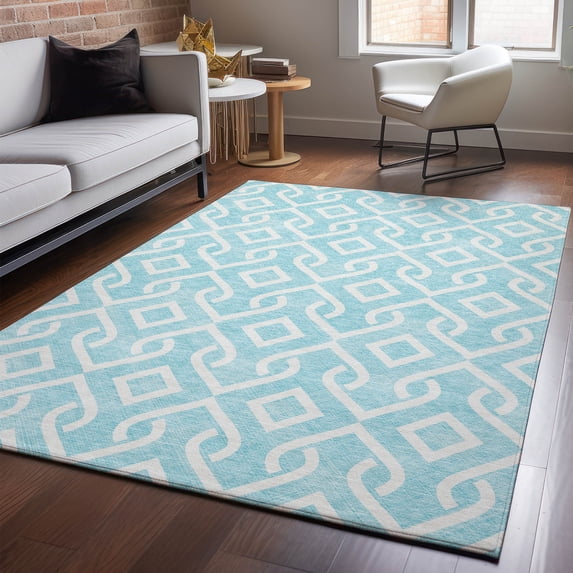 Addison Rugs Mayfield Washable Transitional Geometric Aqua Rectangle Rug, 3' x 5'