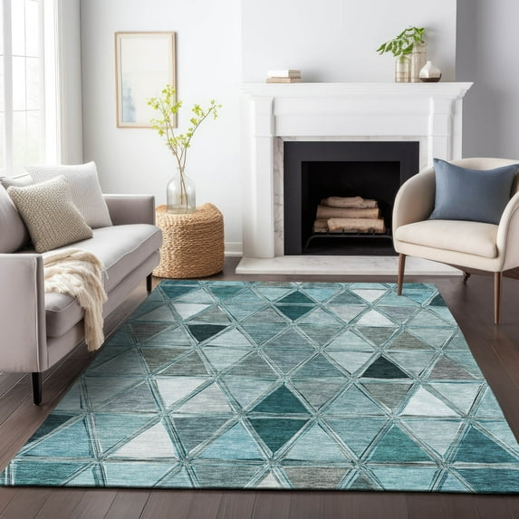 Addison Rugs Mayfield Washable Transitional Geometric Teal Rectangle Rug, 3' x 5'