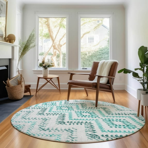 Addison Rugs Mayfield Washable Transitional Geometric Teal Round Rug, 8' x 8'