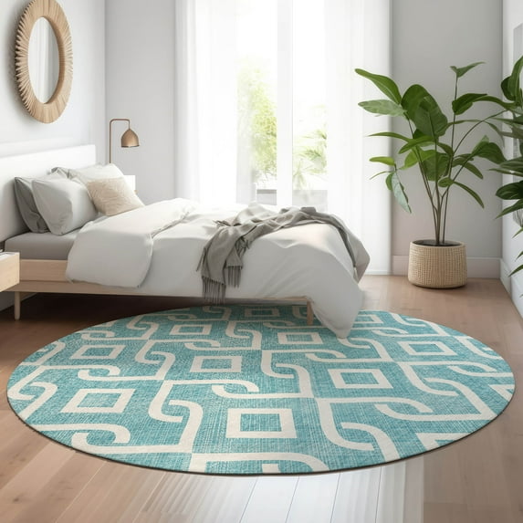 Addison Rugs Mayfield Washable Transitional Geometric Teal Round Rug, 8' x 8'