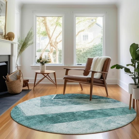 Addison Rugs Mayfield Washable Transitional Geometric Teal Round Rug, 8' x 8'