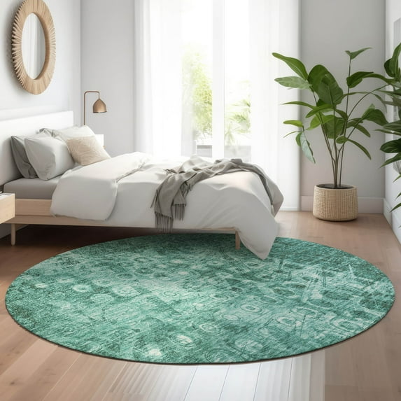 Addison Rugs Mayfield Washable Transitional Ikat Teal Round Rug, 8' x 8'