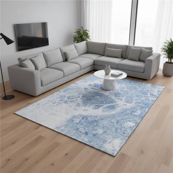 HomeRoots 656062 8 x 10 ft. Sky Blue & Ivory Abstract Transitional Washable Machine Made Rectangle Area Rug with UV Protection